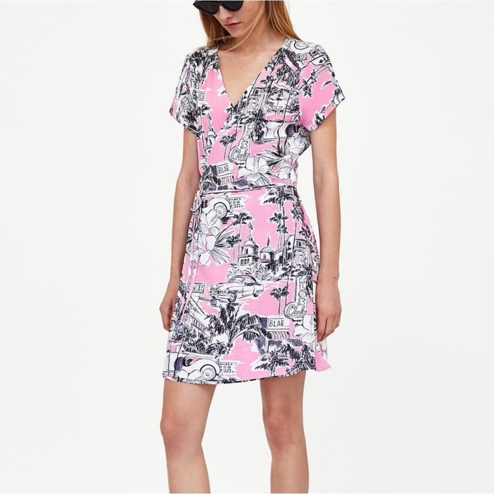 ‼️ZARA Short Sleeve Pink/Black/White Hawaiian Tropical Mini Wrap Dress Small